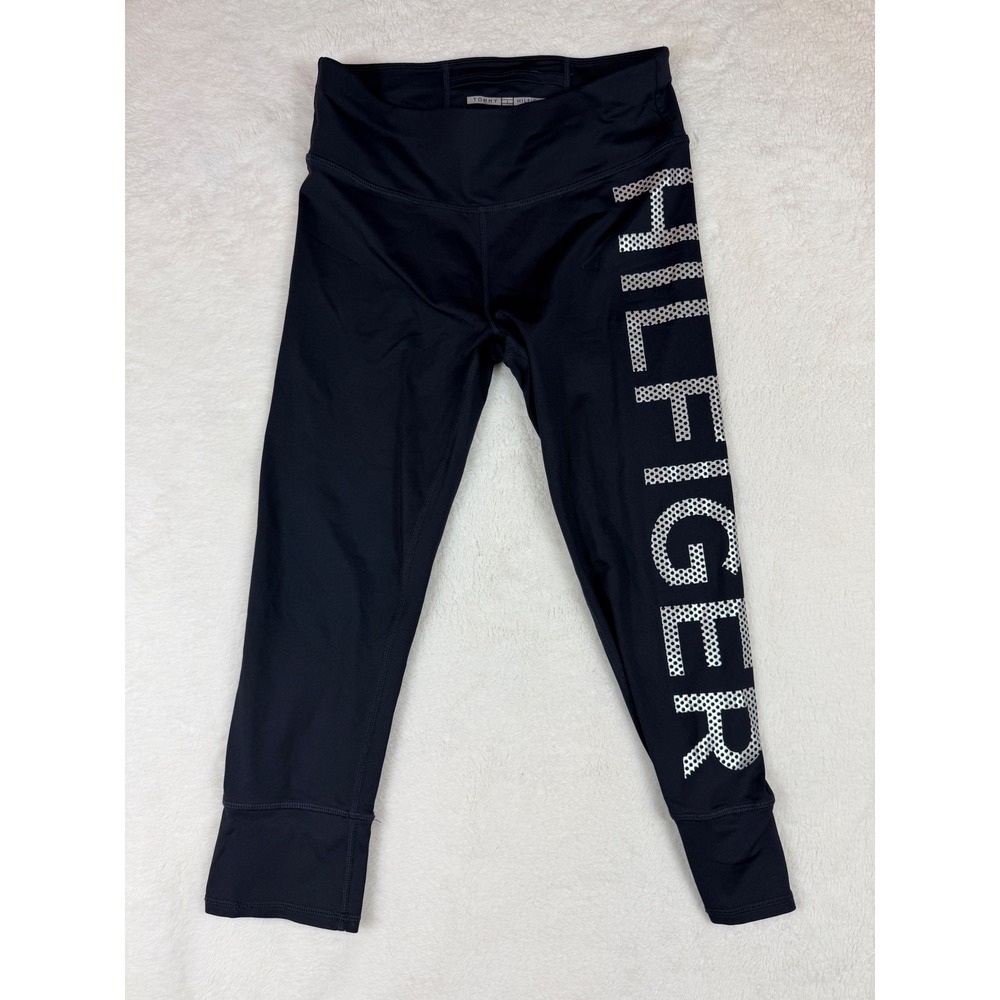 Tommy Hilfiger Sport Womens Black Silver Logo Cropped Leggings Size S Small